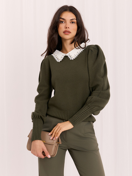 Khaki elegancki sweter z kołnierzykiem 