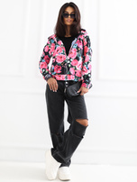 Czarno-różowa welurowa bluza w kwiaty RUE PARIS 