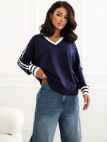 Granatowy damski sweter oversize z lampasami