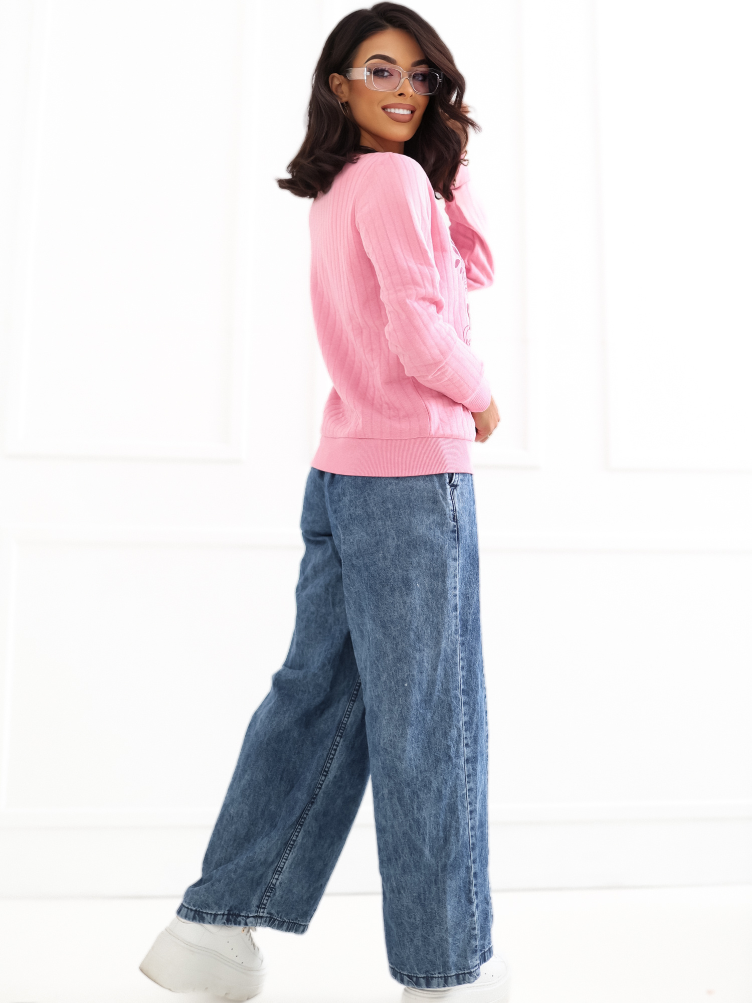 Ciemnoniebieskie jeansy wide leg z przeszyciami SUBLEVEL 
