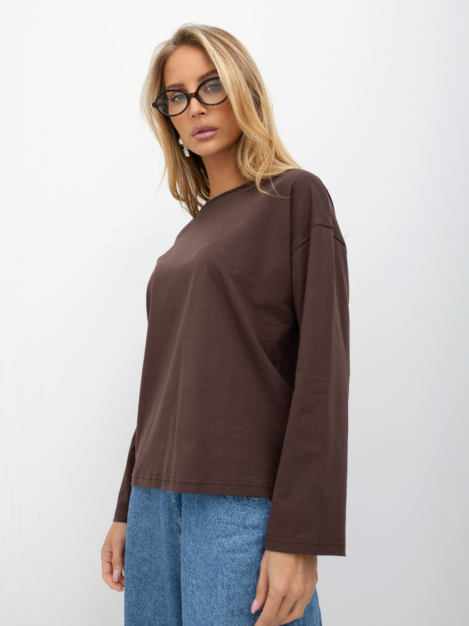 Brązowy damski longsleeve basic z bawełny 
