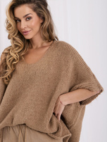 Camelowy damski sweter oversize z dekoltem V