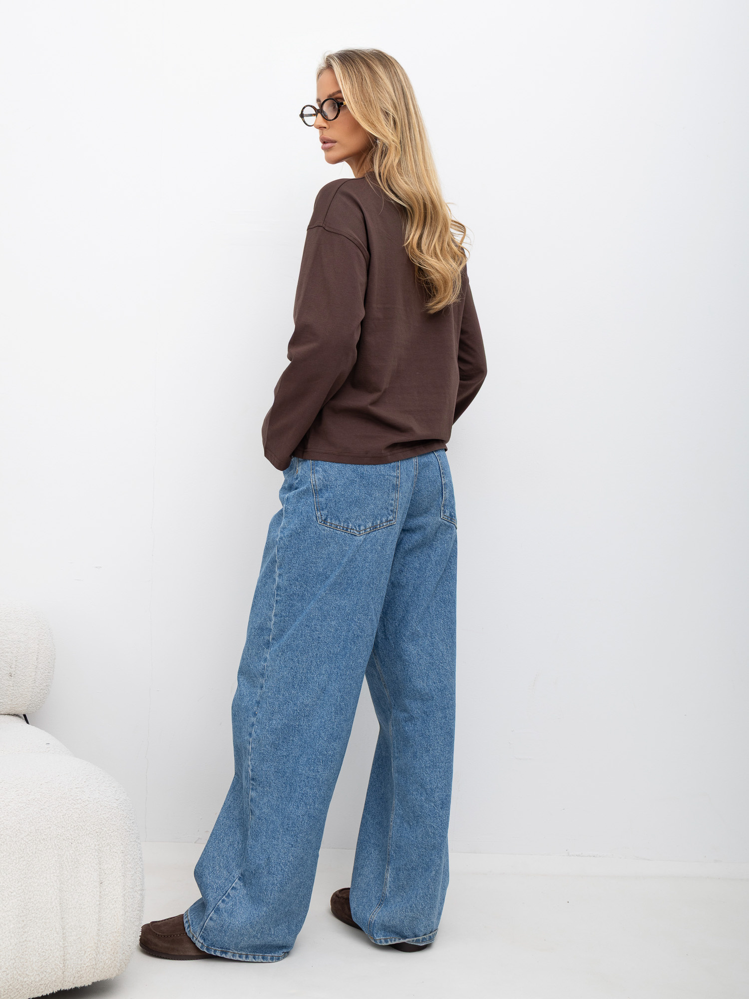 Brązowy damski longsleeve basic z bawełny 