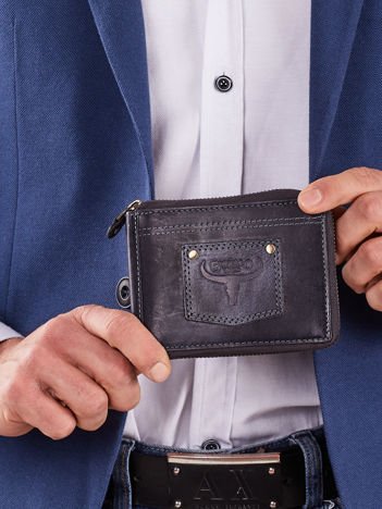 Ciemnoniebieski męski portfel skórzany z naszywką