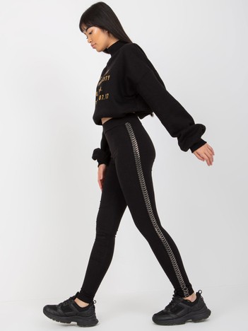 Czarne damskie legginsy casualowe z aplikacją z dżetów