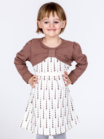 Ecru bawełniana sukienka dziecięca ze wzorem i długim rękawem