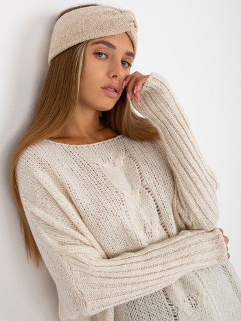 Ecru damski sweter oversize z warkoczem OCH BELLA 