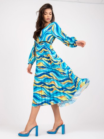 Niebiesko-żółta sukienka midi z printami i kopertowym dekoltem 