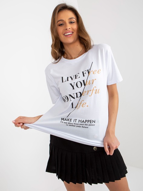 Biały damski t-shirt z napisami i okrągłym dekoltem