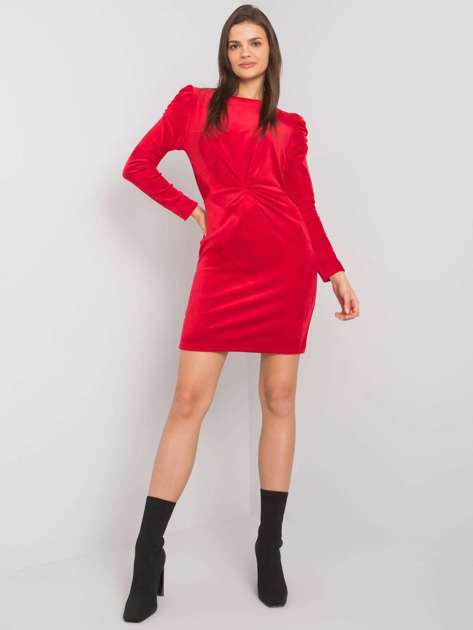 Czerwona sukienka welurowa z długim rękawem Ellara RUE PARIS