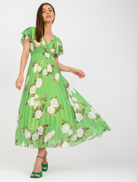 Jasnozielona plisowana sukienka midi z kwiatowym printem 