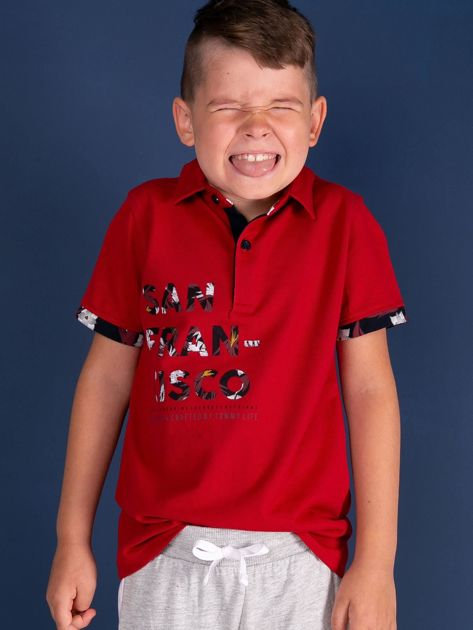 TOMMY LIFE Czerwona koszulka polo dla chłopca z nadrukiem 