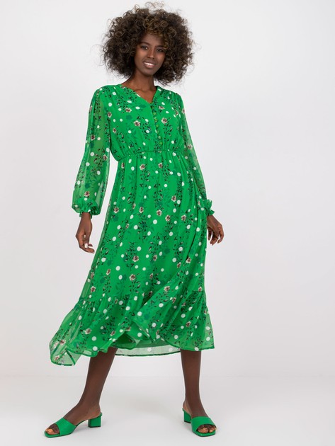 Zielona sukienka z printami z dekoltem w serek RUE PARIS